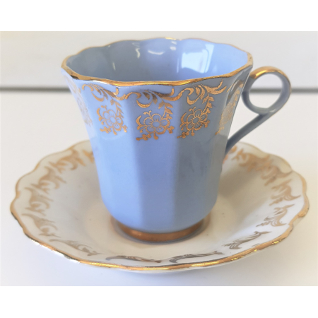 Uroczy serwis kawowy - Błękitny ze złoceniami- PRL